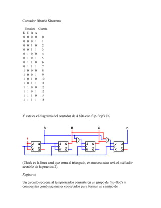Contador Binario Síncrono

 Estados Cuenta
D C B A
0 0 0 0    0
0 0 0 1    1
0 0 1 0    2
0 0 1 1    3
0 1 0 0    4
0 1 0 1    5
0 1 1 0    6
0 1 1 1    7
1 0 0 0    8
1 0 0 1    9
1 0 1 0 10
1 0 1 1 11
1 1 0 0 12
1 1 0 1 13
1 1 1 0 14
1 1 1 1 15




Y este es el diagrama del contador de 4 bits con flip-flop's JK




(Clock es la linea azul que entra al triangulo, en nuestro caso será el oscilador
aestable de la practica 2).

Registros

Un circuito secuencial temporizados consiste en un grupo de flip-flop's y
compuertas combinacionales conectados para formar un camino de
 