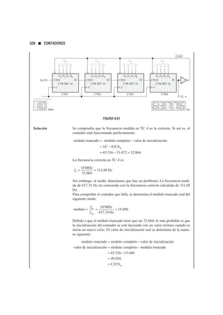 FIGURA 8.61
Solución Se comprueba que la frecuencia medida en TC 4 es la correcta. Si así es, el
contador está funcionando perfectamente.
La frecuencia correcta en TC 4 es
Sin embargo, al medir, detectamos que hay un problema. La frecuencia medi-
da de 637,76 Hz no concuerda con la frecuencia correcta calculada de 311,88
Hz.
Para comprobar el contador que falla, se determina el módulo truncado real del
siguiente modo:
Debido a que el módulo truncado tiene que ser 32.064, lo más probable es que
la inicialización del contador se esté haciendo con un valor erróneo cuando se
inicia un nuevo ciclo. El valor de inicialización real se determina de la mane-
ra siguiente:
m dulo truncado m dulo completo valor de inicializaci n
val
ó ó ó
= −
o
or de inicializaci n m dulo completo m dulo truncado
ó ó ó
= −
= 65 5
. 3
36 15 680
49 856
2 016
−
=
=
.
.
C C
m dulo
MHz
637,76Hz
in
out
ó = = =
f
f
10
15 680
.
f4
10
311 88
= =
MHz
32.064
Hz
,
m dulo truncado m dulo completo valor de inicializaci n
ó ó ó
= −
= 16
6 82 0
65 536 33 472 32 064
4
16
−
= − =
C
. . .
Hz
LOAD
016 C16 216 816
0 0 0 0 0 0 0 0 0 0 0 0
1
1
1
1
CTR DIV 16
TC
CTEN
C
ALTO
CTR DIV 16
TC
CTEN
C
CTR DIV 16
TC
CTEN
C
CTR DIV 16
TC
CTEN
C
CTR1 CTR2 CTR3 CTR4
TC 4
D3
D2
D1
D0
D3
D2
D1
D0
D3
D2
D1
D0
D3
D2
D1
D0
MHz
528 ■ CONTADORES
 