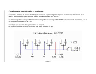 Contadores asíncronos integrados en un solo chip.
Los ejemplos anteriores de circuitos discretos (todo hechos con FF) sólo son para ejemplificar la construcción del contador, en la
práctica, son obsoletos ya que se necesitan muchos integrados y espacio para crearlos.
En el mercado podemos conseguir diferentes tipos de integrados con tecnología TTL o CMOS con contadores de rizo internos, Uno de
los ejemplos más usados es el 74LS293.
En la figura 2, se encuentra el diagrama interno del integrado.
(Se toma por entendido que todas las entradas "J-K" están en estado ALTO)
Figura 2
 