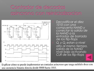  Decodificar el diez
1010 con una
compuerta NAND y
conectar la salida de
la NAND a la
entradas de borrado
de los flip-flops
 Q1 y Q3 estan a nivel
alto al mismo tiempo,
salida de la NAND
nivel bajo activando
CLR de los flip-flops
 