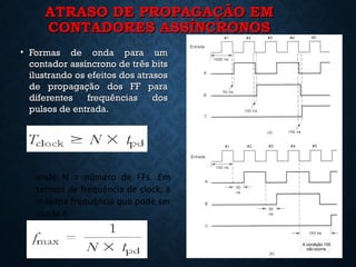 ATRASO DE PROPAGAÇÃO EMATRASO DE PROPAGAÇÃO EM
CONTADORES ASSÍNCRONOSCONTADORES ASSÍNCRONOS
• Formas de onda para umFormas de onda para um
contador assíncrono de três bitscontador assíncrono de três bits
ilustrando os efeitos dos atrasosilustrando os efeitos dos atrasos
de propagação dos FF parade propagação dos FF para
diferentes frequências dosdiferentes frequências dos
pulsos de entrada.pulsos de entrada.
23
onde N = número de FFs. Em
termos de frequência de clock, a
máxima frequência que pode ser
usada é
 