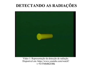 DETECTANDO AS RADIAÇÕES
Vídeo 1: Representação da detecção de radiação.
Disponível em: https://www.youtube.com/watch?
v=N1TMhRKiOBk
 