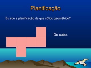 PlanificaçãoPlanificação
Eu sou a planificação de que sólido geométrico?
Do cubo.
 