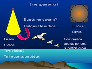 E nós, quem somos?
Eu sou a …
Eu sou…
O cone.
Terei vértices?
Tenho apenas um vértice.
E bases, tenho alguma?
Tenho uma base plana.
Esfera.
Sou formada
apenas por uma
superfície curva
 