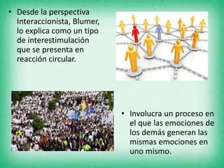• Desde la perspectiva
Interaccionista, Blumer,
lo explica como un tipo
de interestimulación
que se presenta en
reacción circular.
• Involucra un proceso en
el que las emociones de
los demás generan las
mismas emociones en
uno mismo.
 