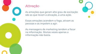 Ativação
As emoções que geram alto grau de excitação
são as que levam a ativação, a uma ação.
Essas emoções acendem o fogo, ativam as
pessoas e as impelem a agir.
As mensagens de marketing tendem a focar
na informação. Muitas vezes apenas a
informação não basta.
 