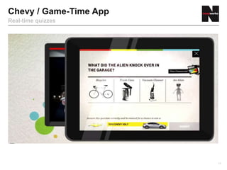 Chevy / Game-Time App
Real-time quizzes




                        14
 