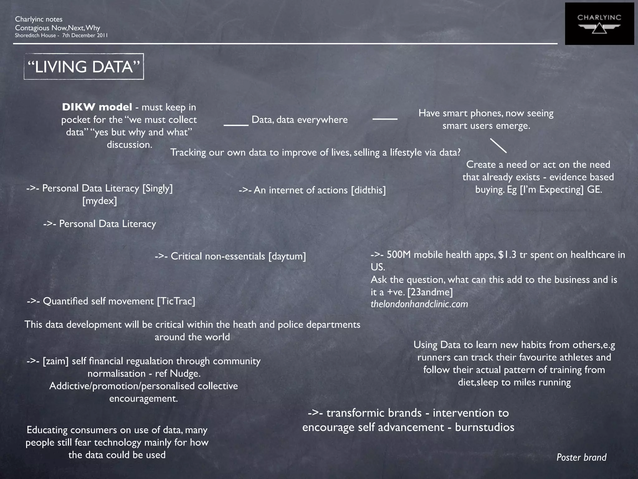 Charlyinc notes
Contagious Now,Next, Why
Shoreditch House - 7th December 2011




    “LIVING DATA”

            DIKW model - must keep in
                                                                                                   Have smart phones, now seeing
            pocket for the “we must collect             Data, data everywhere
                                                                                                          smart users emerge.
             data” “yes but why and what”
                       discussion.
                                      Tracking our own data to improve of lives, selling a lifestyle via data?
                                                                                                                Create a need or act on the need
                                                                                                               that already exists - evidence based
    ->- Personal Data Literacy [Singly]              ->- An internet of actions [didthis]                         buying. Eg [I’m Expecting] GE.
                 [mydex]

          ->- Personal Data Literacy


                                       ->- Critical non-essentials [daytum]            ->- 500M mobile health apps, $1.3 tr spent on healthcare in
                                                                                       US.
                                                                                       Ask the question, what can this add to the business and is
                                                                                       it a +ve. [23andme]
    ->- Quantiﬁed self movement [TicTrac]                                              thelondonhandclinic.com
   This data development will be critical within the heath and police departments
                                 around the world
                                                                                                  Using Data to learn new habits from others,e.g
    ->- [zaim] self ﬁnancial regualation through community                                         runners can track their favourite athletes and
                    normalisation - ref Nudge.                                                      follow their actual pattern of training from
          Addictive/promotion/personalised collective                                                       diet,sleep to miles running
                        encouragement.
                                                                           ->- transformic brands - intervention to
    Educating consumers on use of data, many                              encourage self advancement - burnstudios
    people still fear technology mainly for how
              the data could be used                                                                                                 Poster brand
 