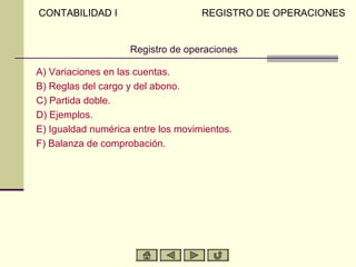 CONTABILIDAD I                      REGISTRO DE OPERACIONES


                    Registro de operaciones

A) Variaciones en las cuentas.
B) Reglas del cargo y del abono.
C) Partida doble.
D) Ejemplos.
E) Igualdad numérica entre los movimientos.
F) Balanza de comprobación.
 