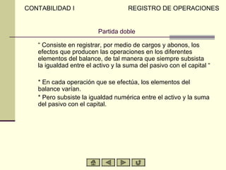 CONTABILIDAD I                       REGISTRO DE OPERACIONES


                         Partida doble

   “ Consiste en registrar, por medio de cargos y abonos, los
   efectos que producen las operaciones en los diferentes
   elementos del balance, de tal manera que siempre subsista
   la igualdad entre el activo y la suma del pasivo con el capital “

   * En cada operación que se efectúa, los elementos del
   balance varían.
   * Pero subsiste la igualdad numérica entre el activo y la suma
   del pasivo con el capital.
 