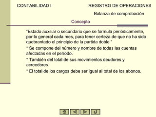 CONTABILIDAD I                     REGISTRO DE OPERACIONES
                                      Balanza de comprobación
                          Concepto

   “Estado auxiliar o secundario que se formula periódicamente,
   por lo general cada mes, para tener certeza de que no ha sido
   quebrantado el principio de la partida doble “
   * Se compone del número y nombre de todas las cuentas
   afectadas en el período.
   * También del total de sus movimientos deudores y
   acreedores.
   * El total de los cargos debe ser igual al total de los abonos.
 