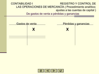 CONTABILIDAD I                      REGISTRO Y CONTROL DE
   LAS OPERACIONES DE MERCANCÍA ( Procedimiento analítico;
                                ajustes a las cuentas de capital )
         De gastos de venta a pérdidas y ganancias


    Gastos de venta                     Pérdidas y ganancias

                X                         X
 