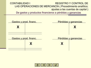 CONTABILIDAD I                        REGISTRO Y CONTROL DE
   LAS OPERACIONES DE MERCANCÍA ( Procedimiento analítico;
                                   ajustes a las cuentas de capital )
    De gastos y productos financieros a pérdidas y ganancias


 Gastos y prod. financ.                   Pérdidas y ganancias

     X                                                  X


 Gastos y prod. financ.                   Pérdidas y ganancias

                 X                          X
 