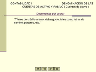 CONTABILIDAD I                  DENOMINACIÓN DE LAS
       CUENTAS DE ACTIVO Y PASIVO ( Cuentas de activo )

                     Documentos por cobrar

  “Títulos de crédito a favor del negocio, tales como letras de
  cambio, pagarés, etc. “
 