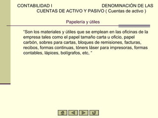 CONTABILIDAD I                  DENOMINACIÓN DE LAS
       CUENTAS DE ACTIVO Y PASIVO ( Cuentas de activo )

                        Papelería y útiles

  “Son los materiales y útiles que se emplean en las oficinas de la
  empresa tales como el papel tamaño carta u oficio, papel
  carbón, sobres para cartas, bloques de remisiones, facturas,
  recibos, formas continuas, tóners láser para impresoras, formas
  contables, lápices, bolígrafos, etc, “
 