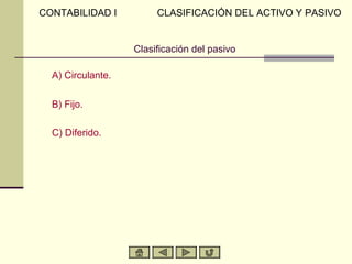 CONTABILIDAD I          CLASIFICACIÓN DEL ACTIVO Y PASIVO


                   Clasificación del pasivo

  A) Circulante.

  B) Fijo.

  C) Diferido.
 