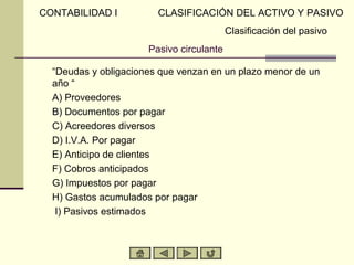CONTABILIDAD I          CLASIFICACIÓN DEL ACTIVO Y PASIVO
                                          Clasificación del pasivo
                      Pasivo circulante

  “Deudas y obligaciones que venzan en un plazo menor de un
  año “
  A) Proveedores
  B) Documentos por pagar
  C) Acreedores diversos
  D) I.V.A. Por pagar
  E) Anticipo de clientes
  F) Cobros anticipados
  G) Impuestos por pagar
  H) Gastos acumulados por pagar
   I) Pasivos estimados
 