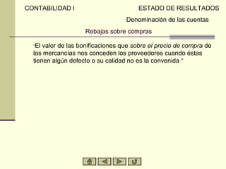 CONTABILIDAD I                         ESTADO DE RESULTADOS
                                   Denominación de las cuentas
                    Rebajas sobre compras

  “El valor de las bonificaciones que sobre el precio de compra de
  las mercancías nos conceden los proveedores cuando éstas
  tienen algún defecto o su calidad no es la convenida “
 