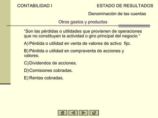 CONTABILIDAD I                            ESTADO DE RESULTADOS
                                       Denominación de las cuentas
                       Otros gastos y productos

     “Son las pérdidas o utilidades que provienen de operaciones
     que no constituyen la actividad o giro principal del negocio “
A)   A) Pérdida o utilidad en venta de valores de activo fijo.
B)   B) Pérdida o utilidad en compraventa de acciones y
     valores.
C)   C) Dividendos de acciones.
D)   D) Comisiones cobradas.
E)   E) Rentas cobradas.
 