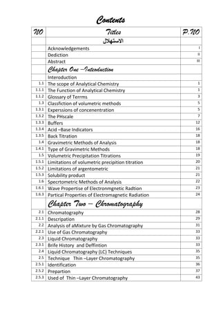 Contents
P.NOTitlesNO
‫اﻻﺳﺗﮭﻼل‬
IAcknowledgements
IIDediction
IIIAbstract
Chapter One –Inteoduction
Interoduction
1The scope of Analytical Chemistry1.1
1The Function of Analytical Chemistry1.1.1
3Glossary of Terrms1.1.2
5Classfiction of volumetric methods1.3
5Experssions of concenentration1.3.1
7The PHscale1.3.2
12Buffers1.3.3
16Acid –Base Indicators1.3.4
18Back Titration1.3.5
18Gravimetric Methods of Analysis1.4
18Type of Gravimetric Methods1.4.1
19Volumetric Precipitation Titrations1.5
20Limitations of volumetric precipition titration1.5.1
21Limitations of argentometric1.5.2
21Solubility product1.5.3
22Specrtometric Methods of Analysis1.6
23Wave Propertise of Electronmgnetic Radtion1.6.1
24Partical Properties of Electromagnetic Radiation1.6.3
Chapter Two – Chromatography
28Chromatography2.1
29Descripation2.1.1
31Analysis of aMixture by Gas Chromatography2.2
33Use of Gas Chromatography2.2.1
33Liquid Chromatography2.3
33Brife History and Deffintion2.3.1
35Liquid Chromatography (LC) Techniques2.4
35Technique Thin –Layer Chromatography2.5
36Identification2.5.1
37Prepartion2.5.2
43Used of Thin –Layer Chromatography2.5.3
 