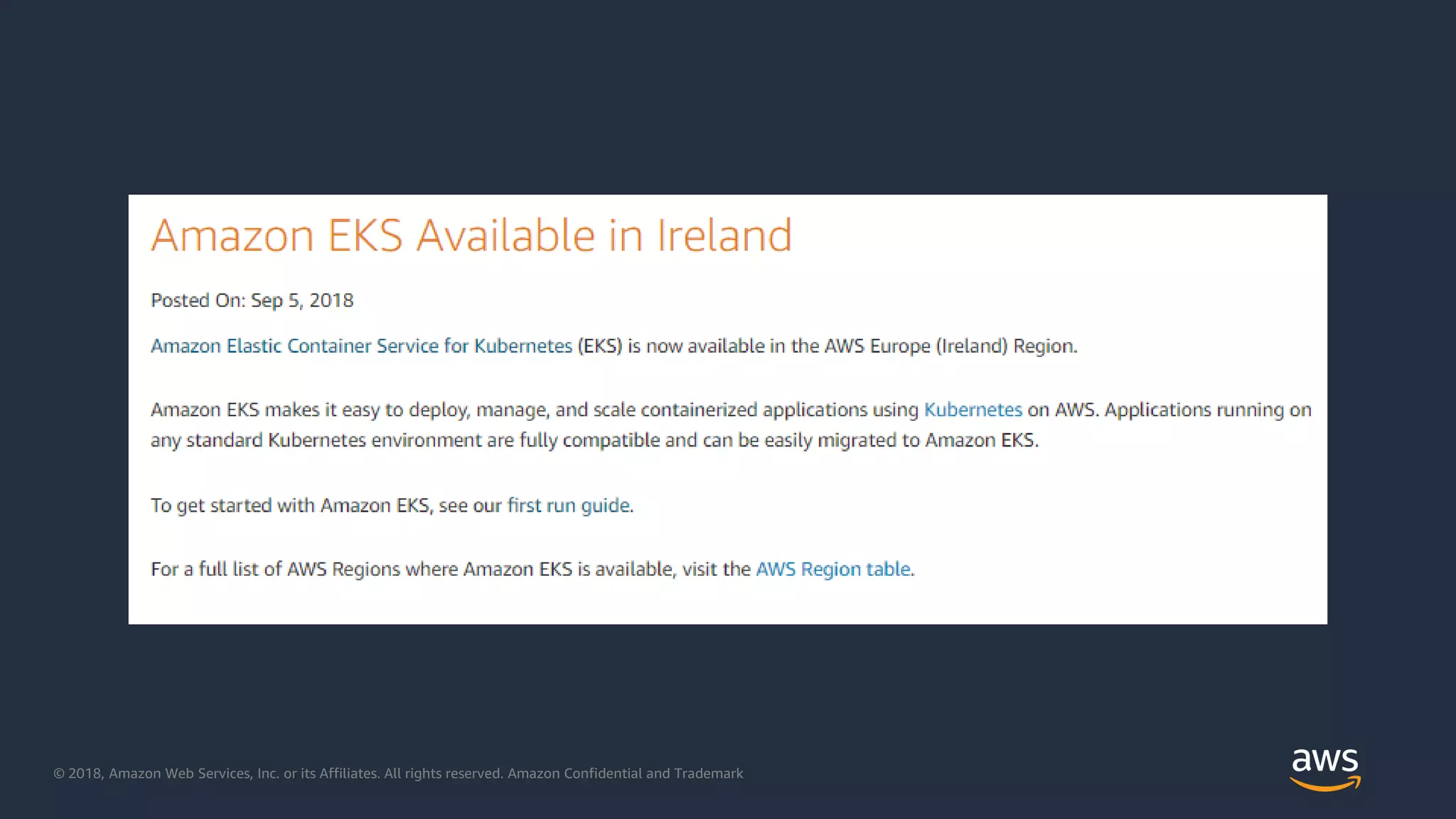 © 2018, Amazon Web Services, Inc. or its Affiliates. All rights reserved. Amazon Confidential and Trademark
 