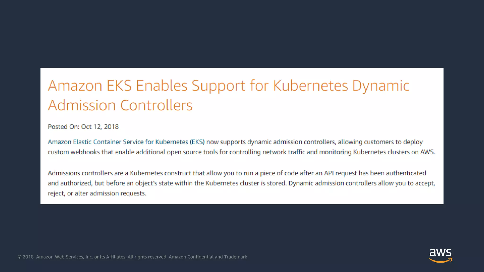 © 2018, Amazon Web Services, Inc. or its Affiliates. All rights reserved. Amazon Confidential and Trademark
 