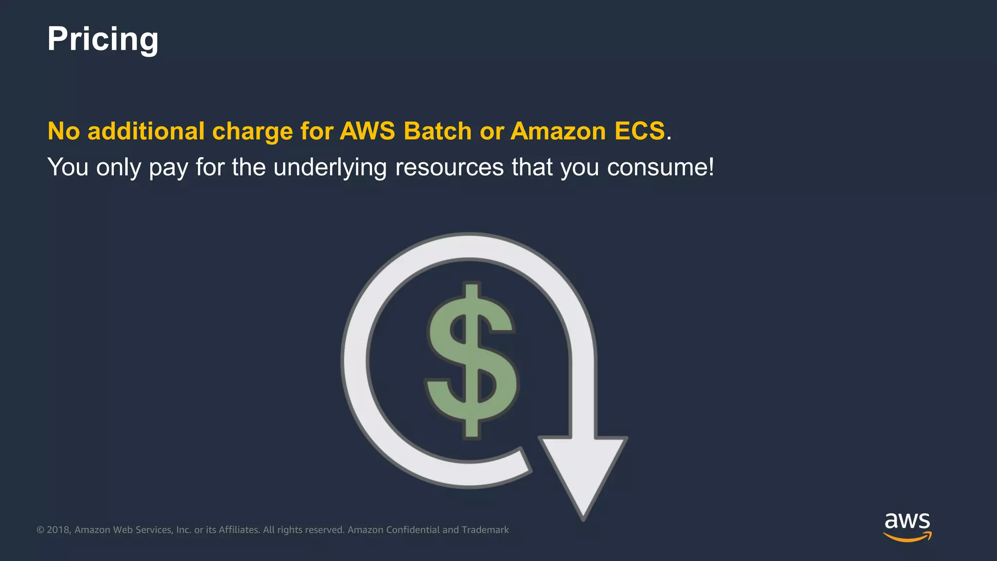 © 2018, Amazon Web Services, Inc. or its Affiliates. All rights reserved. Amazon Confidential and Trademark
No additional charge for AWS Batch or Amazon ECS.
You only pay for the underlying resources that you consume!
Pricing
 