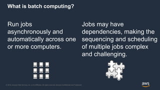 © 2018, Amazon Web Services, Inc. or its Affiliates. All rights reserved. Amazon Confidential and Trademark
What is batch computing?
Run jobs
asynchronously and
automatically across one
or more computers.
Jobs may have
dependencies, making the
sequencing and scheduling
of multiple jobs complex
and challenging.
 