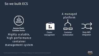 © 2018, Amazon Web Services, Inc. or its Affiliates. All rights reserved. Amazon Confidential and Trademark
So we built ECS
Highly scalable,
high performance
container
management system
A managed
platform
Amazon Elastic
Container Service
Cluster
management
Container
orchestration
Deep AWS
integration
 