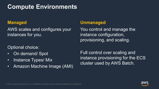 © 2018, Amazon Web Services, Inc. or its Affiliates. All rights reserved. Amazon Confidential and Trademark
Managed
AWS scales and configures your
instances for you.
Optional choice:
• On demand/ Spot
• Instance Types/ Mix
• Amazon Machine Image (AMI)
Compute Environments
Unmanaged
You control and manage the
instance configuration,
provisioning, and scaling.
Full control over scaling and
instance provisioning for the ECS
cluster used by AWS Batch.
 