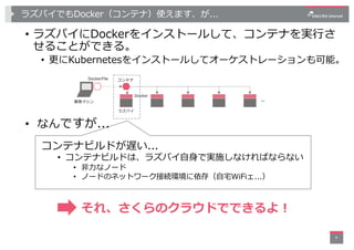 ラズパイでもDocker（コンテナ）使えます、が...
• ラズパイにDockerをインストールして、コンテナを実⾏さ
せることができる。
• 更にKubernetesをインストールしてオーケストレーションも可能。
8
コンテナ
開発マシン …
Docker
コンテナビルドが遅い...
• コンテナビルドは、ラズパイ⾃⾝で実施しなければならない
• ⾮⼒なノード
• ノードのネットワーク接続環境に依存（⾃宅WiFiェ...）
それ、さくらのクラウドでできるよ︕
• なんですが...
ラズパイ
DockerFile
 