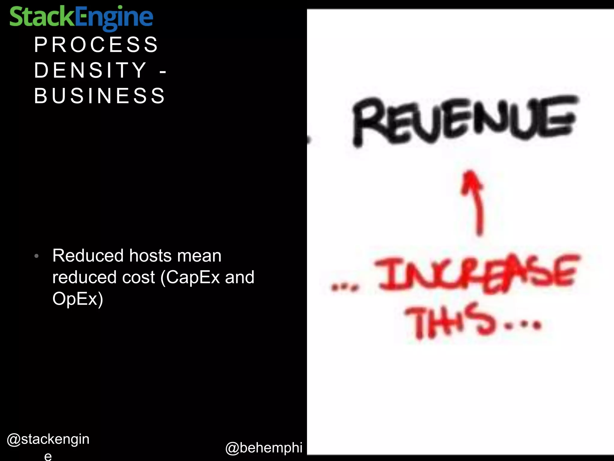 @behemphi
@stackengin
P R O C E S S
D E N S I T Y -
B U S I N E S S
• Reduced hosts mean
reduced cost (CapEx and
OpEx)
 