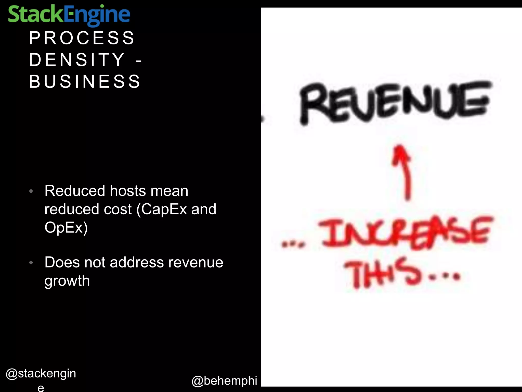 @behemphi
@stackengin
P R O C E S S
D E N S I T Y -
B U S I N E S S
• Reduced hosts mean
reduced cost (CapEx and
OpEx)
• Does not address revenue
growth
 