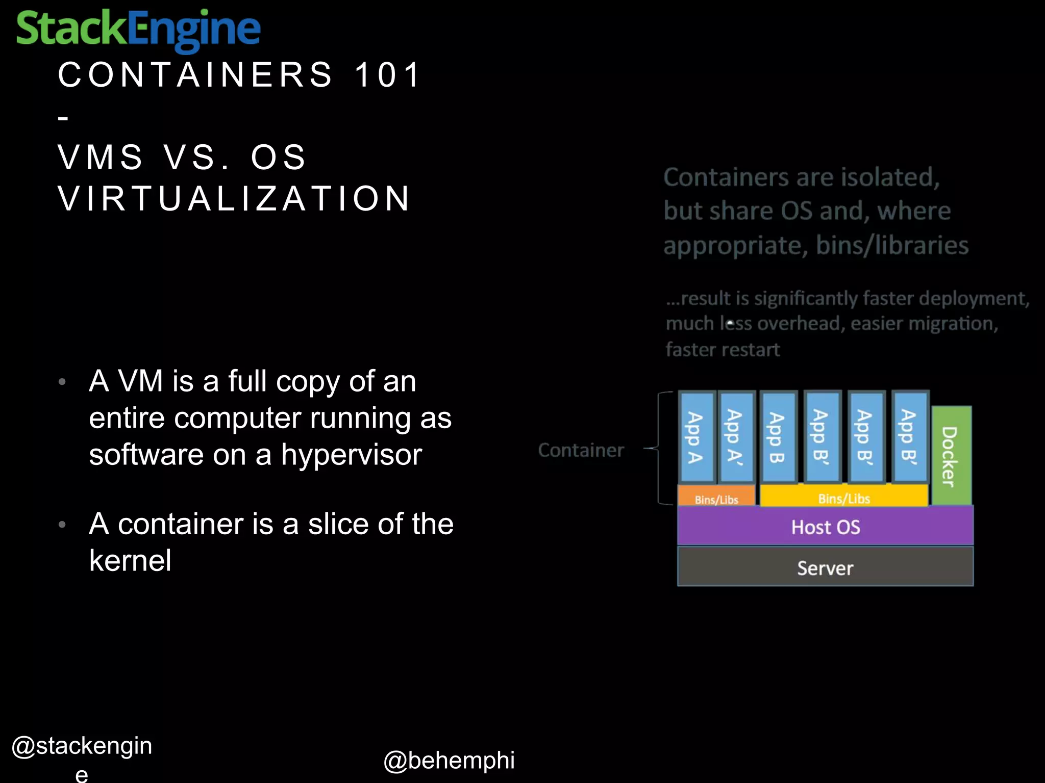 @behemphi
@stackengin
C O N T A I N E R S 1 0 1
-
V M S V S . O S
V I R T U A L I Z A T I O N
• A VM is a full copy of an
entire computer running as
software on a hypervisor
• A container is a slice of the
kernel
 