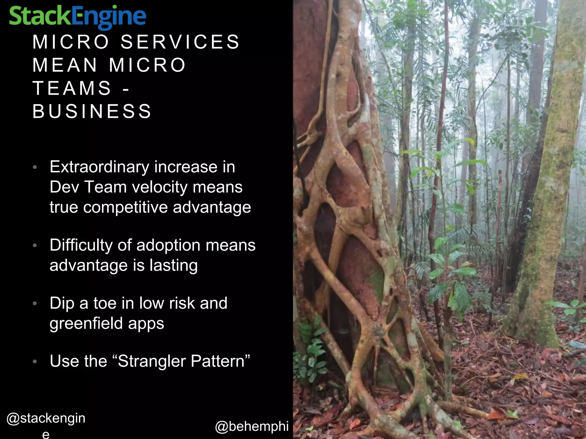 @behemphi
@stackengin
M I C R O S E R V I C E S
M E A N M I C R O
T E A M S -
B U S I N E S S
• Extraordinary increase in
Dev Team velocity means
true competitive advantage
• Difficulty of adoption means
advantage is lasting
• Dip a toe in low risk and
greenfield apps
• Use the “Strangler Pattern”
 