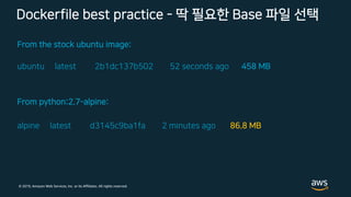© 2019, Amazon Web Services, Inc. or its Affiliates. All rights reserved.
Dockerfile best practice - 딱 필요한 Base 파일 선택
From the stock ubuntu image:
ubuntu latest 2b1dc137b502 52 seconds ago 458 MB
From python:2.7-alpine:
alpine latest d3145c9ba1fa 2 minutes ago 86.8 MB
 