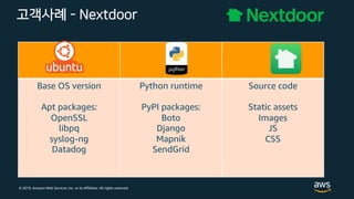 © 2019, Amazon Web Services, Inc. or its Affiliates. All rights reserved.
고객사례 - Nextdoor
Base OS version
Apt packages:
OpenSSL
libpq
syslog-ng
Datadog
Python runtime
PyPI packages:
Boto
Django
Mapnik
SendGrid
Source code
Static assets
Images
JS
CSS
 