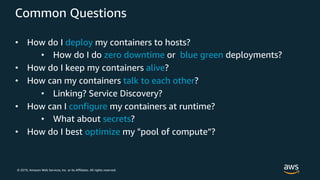 © 2019, Amazon Web Services, Inc. or its Affiliates. All rights reserved.
Common Questions
• How do I deploy my containers to hosts?
• How do I do zero downtime or blue green deployments?
• How do I keep my containers alive?
• How can my containers talk to each other?
• Linking? Service Discovery?
• How can I configure my containers at runtime?
• What about secrets?
• How do I best optimize my "pool of compute”?
 