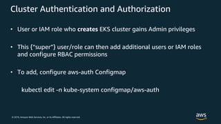 © 2019, Amazon Web Services, Inc. or its Affiliates. All rights reserved.
Cluster Authentication and Authorization
• User or IAM role who creates EKS cluster gains Admin privileges
• This {“super”} user/role can then add additional users or IAM roles
and configure RBAC permissions
• To add, configure aws-auth Configmap
kubectl edit -n kube-system configmap/aws-auth
 