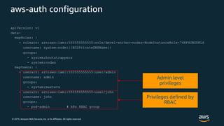 © 2019, Amazon Web Services, Inc. or its Affiliates. All rights reserved.
aws-auth configuration
apiVersion: v1
data:
mapRoles: |
- rolearn: arn:aws:iam::555555555555:role/devel-worker-nodes-NodeInstanceRole-74RF4UBDUKL6
username: system:node:{{EC2PrivateDNSName}}
groups:
- system:bootstrappers
- system:nodes
mapUsers: |
- userarn: arn:aws:iam::555555555555:user/admin
username: admin
groups:
- system:masters
- userarn: arn:aws:iam::555555555555:user/john
username: john
groups:
- pod-admin # k8s RBAC group
 