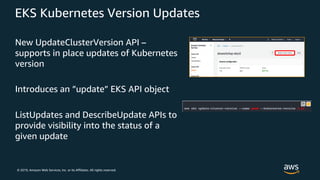 © 2019, Amazon Web Services, Inc. or its Affiliates. All rights reserved.
EKS Kubernetes Version Updates
New UpdateClusterVersion API –
supports in place updates of Kubernetes
version
Introduces an ”update” EKS API object
ListUpdates and DescribeUpdate APIs to
provide visibility into the status of a
given update
 