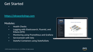 © 2019, Amazon Web Services, Inc. or its Affiliates. All rights reserved.
Get Started
https://eksworkshop.com
Modules:
• Health Checks
• Logging with Elasticsearch, Fluentd, and
Kibana (EFK)
• Monitoring using Prometheus and Grafana
• Servicemesh with Istio
• Stateful Containers using StatefulSets
 