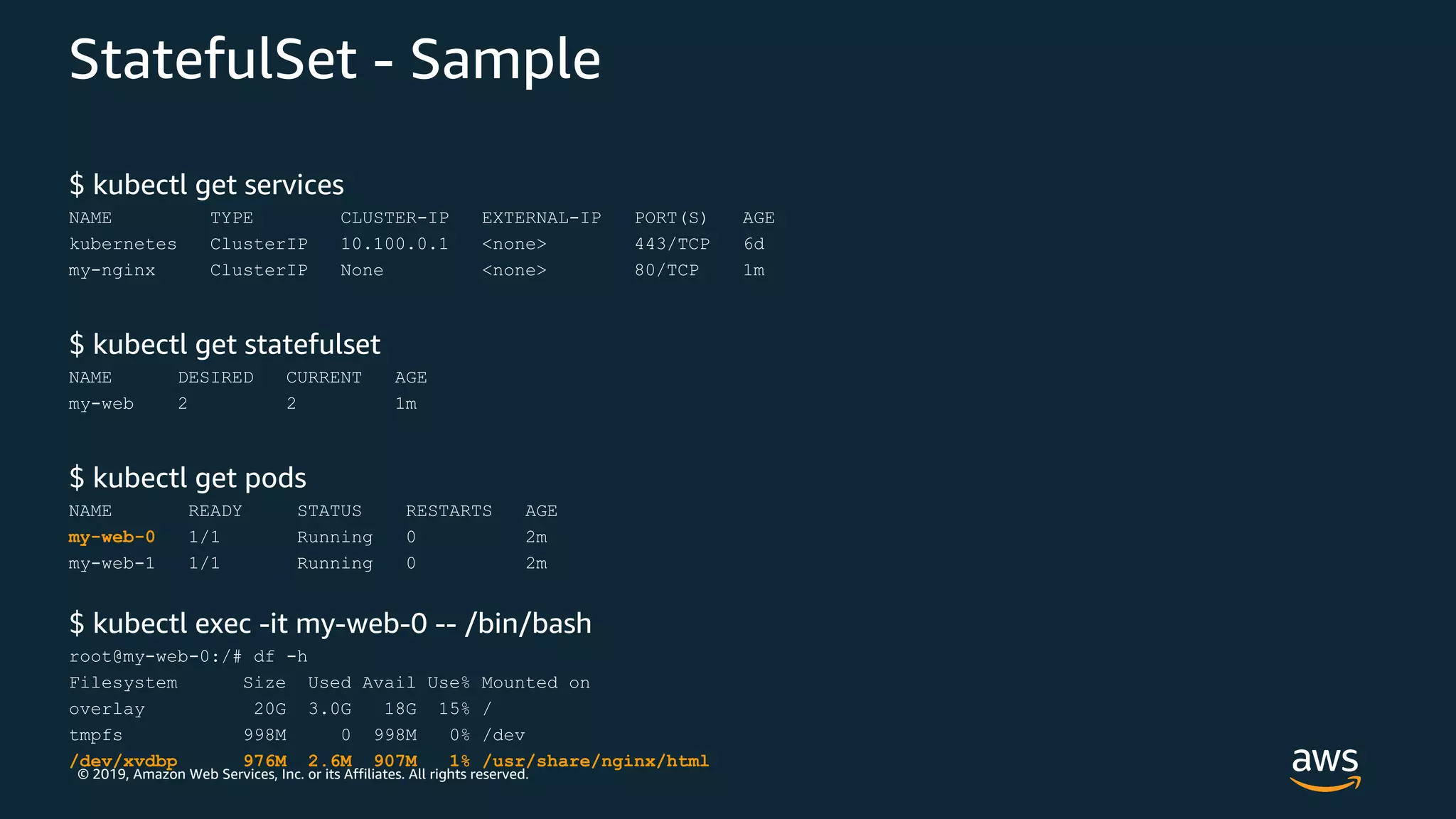 © 2019, Amazon Web Services, Inc. or its Affiliates. All rights reserved.
StatefulSet - Sample
$ kubectl get services
NAME TYPE CLUSTER-IP EXTERNAL-IP PORT(S) AGE
kubernetes ClusterIP 10.100.0.1 <none> 443/TCP 6d
my-nginx ClusterIP None <none> 80/TCP 1m
$ kubectl get statefulset
NAME DESIRED CURRENT AGE
my-web 2 2 1m
$ kubectl get pods
NAME READY STATUS RESTARTS AGE
my-web-0 1/1 Running 0 2m
my-web-1 1/1 Running 0 2m
$ kubectl exec -it my-web-0 -- /bin/bash
root@my-web-0:/# df -h
Filesystem Size Used Avail Use% Mounted on
overlay 20G 3.0G 18G 15% /
tmpfs 998M 0 998M 0% /dev
/dev/xvdbp 976M 2.6M 907M 1% /usr/share/nginx/html
 