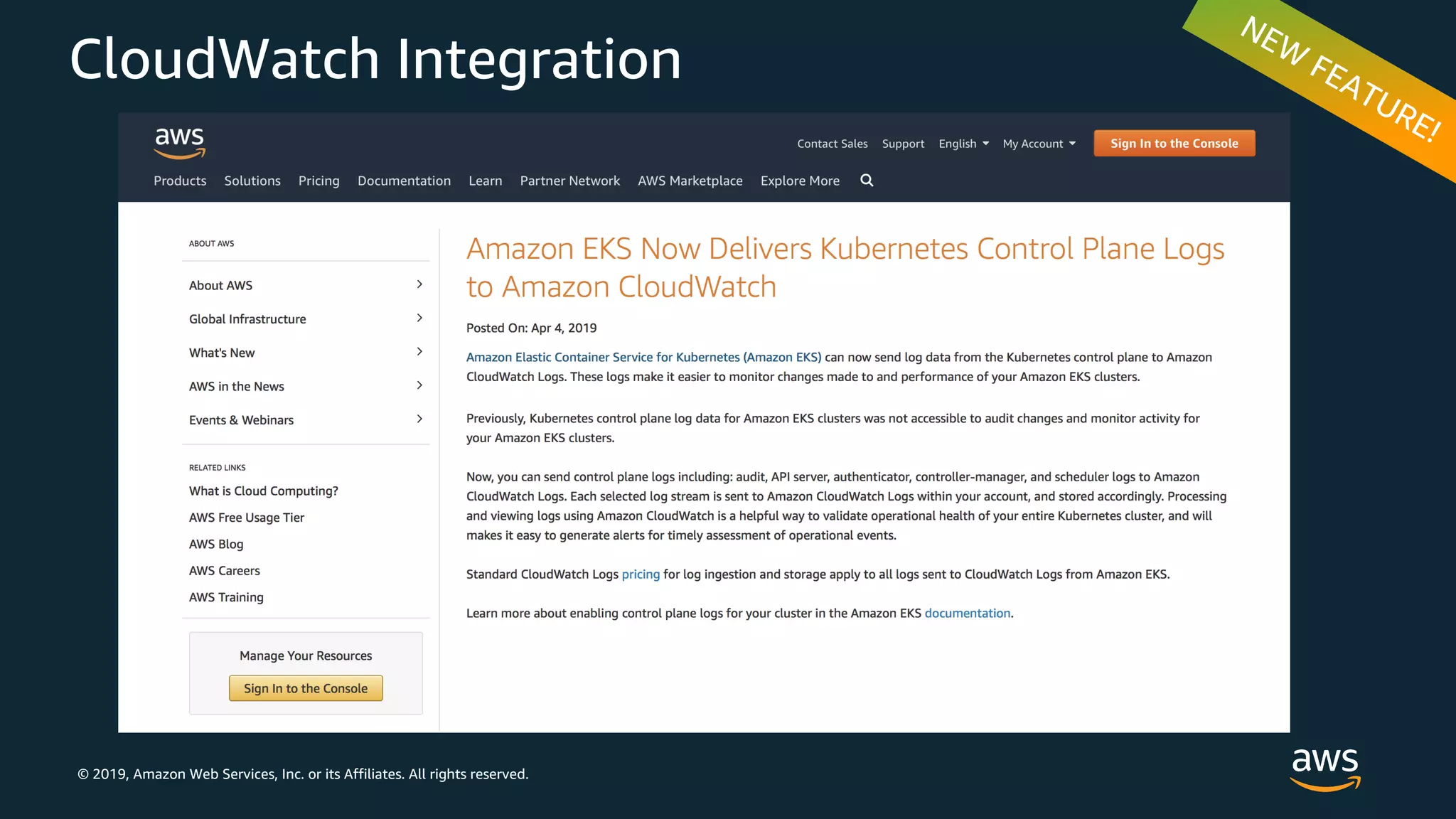 © 2019, Amazon Web Services, Inc. or its Affiliates. All rights reserved.
CloudWatch Integration
 