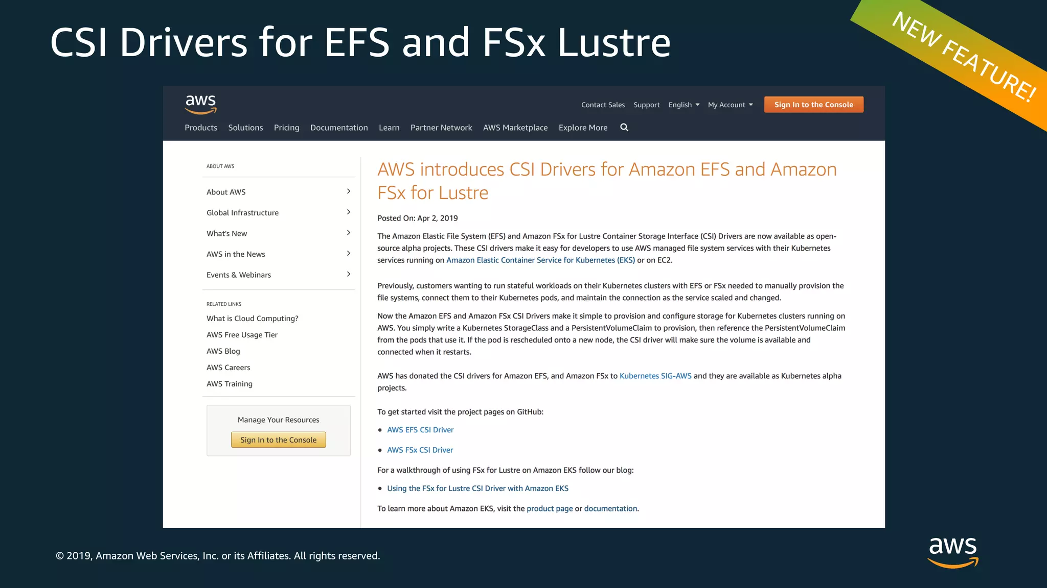 © 2019, Amazon Web Services, Inc. or its Affiliates. All rights reserved.
CSI Drivers for EFS and FSx Lustre
 