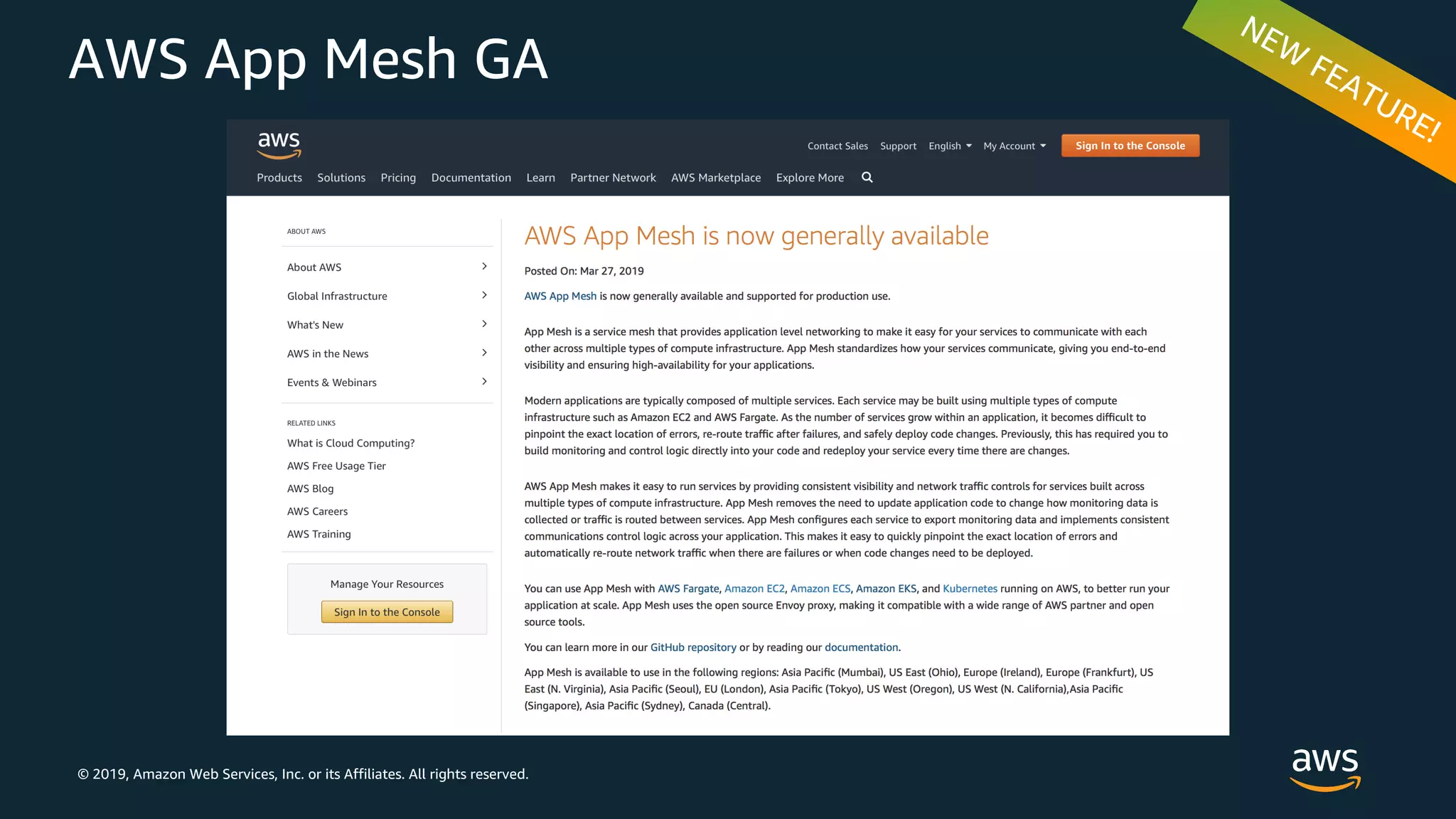 © 2019, Amazon Web Services, Inc. or its Affiliates. All rights reserved.
AWS App Mesh GA
 