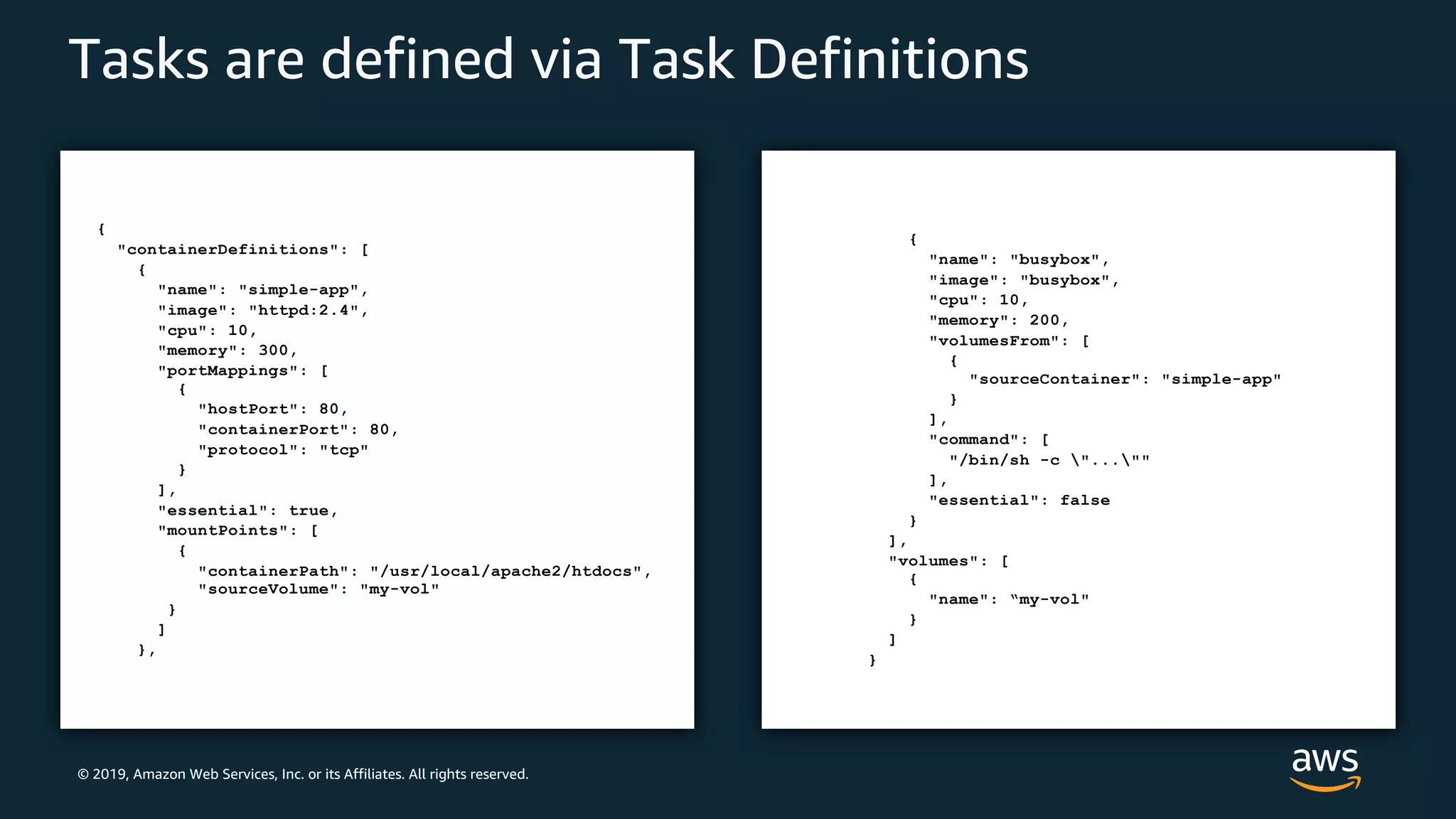 © 2019, Amazon Web Services, Inc. or its Affiliates. All rights reserved.
Tasks are defined via Task Definitions
{
"containerDefinitions": [
{
"name": "simple-app",
"image": "httpd:2.4",
"cpu": 10,
"memory": 300,
"portMappings": [
{
"hostPort": 80,
"containerPort": 80,
"protocol": "tcp"
}
],
"essential": true,
"mountPoints": [
{
"containerPath": "/usr/local/apache2/htdocs",
"sourceVolume": "my-vol"
}
]
},
{
"name": "busybox",
"image": "busybox",
"cpu": 10,
"memory": 200,
"volumesFrom": [
{
"sourceContainer": "simple-app"
}
],
"command": [
"/bin/sh -c "...""
],
"essential": false
}
],
"volumes": [
{
"name": “my-vol"
}
]
}
 