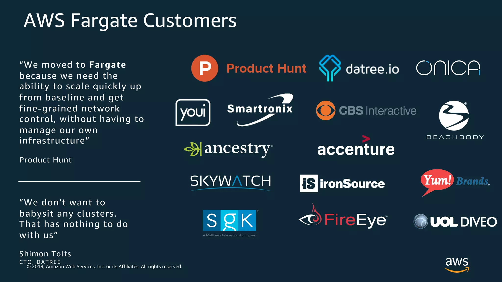 © 2019, Amazon Web Services, Inc. or its Affiliates. All rights reserved.
AWS Fargate Customers
”We don't want to
babysit any clusters.
That has nothing to do
with us”
Shimon Tolts
CTO, DATREE
“We moved to Fargate
because we need the
ability to scale quickly up
from baseline and get
fine-grained network
control, without having to
manage our own
infrastructure”
Product Hunt
 