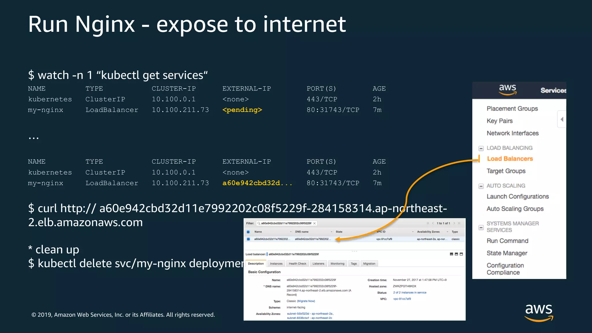 © 2019, Amazon Web Services, Inc. or its Affiliates. All rights reserved.
Run Nginx - expose to internet
$ watch -n 1 “kubectl get services“
NAME TYPE CLUSTER-IP EXTERNAL-IP PORT(S) AGE
kubernetes ClusterIP 10.100.0.1 <none> 443/TCP 2h
my-nginx LoadBalancer 10.100.211.73 <pending> 80:31743/TCP 7m
…
NAME TYPE CLUSTER-IP EXTERNAL-IP PORT(S) AGE
kubernetes ClusterIP 10.100.0.1 <none> 443/TCP 2h
my-nginx LoadBalancer 10.100.211.73 a60e942cbd32d... 80:31743/TCP 7m
$ curl http:// a60e942cbd32d11e7992202c08f5229f-284158314.ap-northeast-
2.elb.amazonaws.com
* clean up
$ kubectl delete svc/my-nginx deployment/my-nginx
 