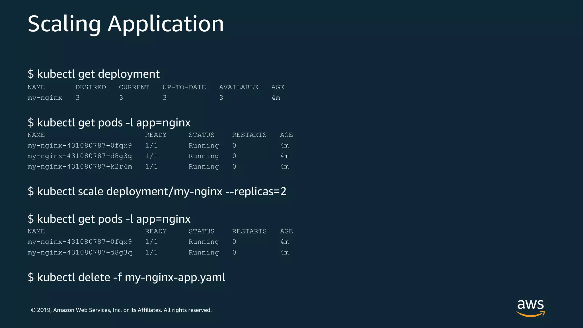 © 2019, Amazon Web Services, Inc. or its Affiliates. All rights reserved.
Scaling Application
$ kubectl get deployment
NAME DESIRED CURRENT UP-TO-DATE AVAILABLE AGE
my-nginx 3 3 3 3 4m
$ kubectl get pods -l app=nginx
NAME READY STATUS RESTARTS AGE
my-nginx-431080787-0fqx9 1/1 Running 0 4m
my-nginx-431080787-d8g3q 1/1 Running 0 4m
my-nginx-431080787-k2r4m 1/1 Running 0 4m
$ kubectl scale deployment/my-nginx --replicas=2
$ kubectl get pods -l app=nginx
NAME READY STATUS RESTARTS AGE
my-nginx-431080787-0fqx9 1/1 Running 0 4m
my-nginx-431080787-d8g3q 1/1 Running 0 4m
$ kubectl delete -f my-nginx-app.yaml
 